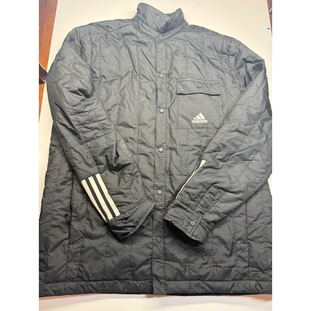 Adidas Primegreen Mens Large Quilted Snap Front Jacket Black 3-Stripe Lightwt